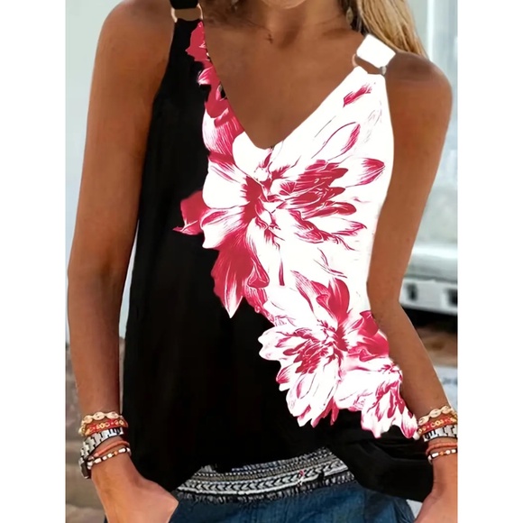 Women’s Floral Print Ring V-Neck Tank Top (Size L) - Picture 5 of 10